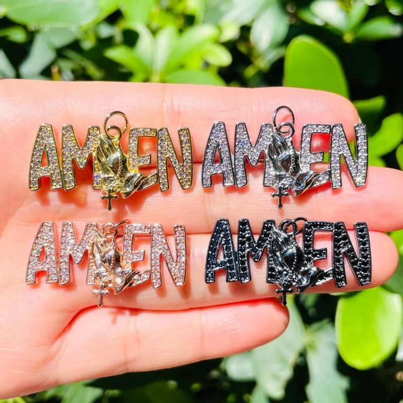 Charms 5pcs Bling Pray Hand Amen Word Charm For Women Bracelet Making Zirconia Pave Religious Pendant Necklace Handcraft Jewelry Supply