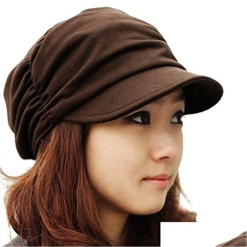 Newsboy Hats Sboy Korean Solid Hat Women Autumn Winter Knited Pleated Cap Warm Outdoors Visor Skl Brown Cotton Casual Female Drop Deli Dhqzs