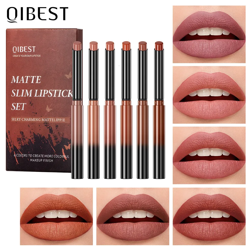 Lipstick Qi 6pcs Maquillage stylo Velvet Matte Gloss Lip Red Nude Femmes Larding Hydrating Beauty Cosmetic Kit 230816