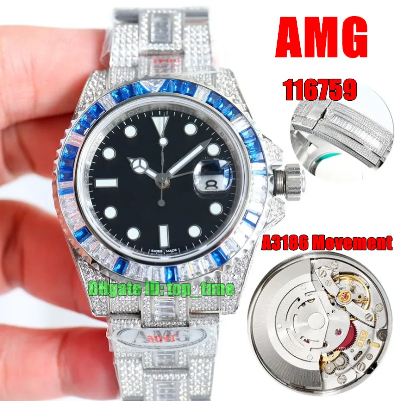 AMG Factory Watches 116759 Full Diamond 40mm 904L Steel GMT A3186 Automatic Mens Watch Black Dial Gypsophila Pave Diamonds Bracelet Gents Wristwatches