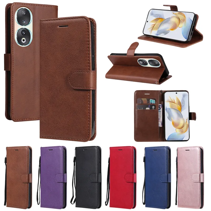 Plain PU Leather Wallet Cases For Samsung Galaxy S23 FE A25 5G A24 4G Huawei Honor 90 Lite Pro Phone Flip Cover Credit ID Card Slot TPU Book Mobile Phone Pouch Strap