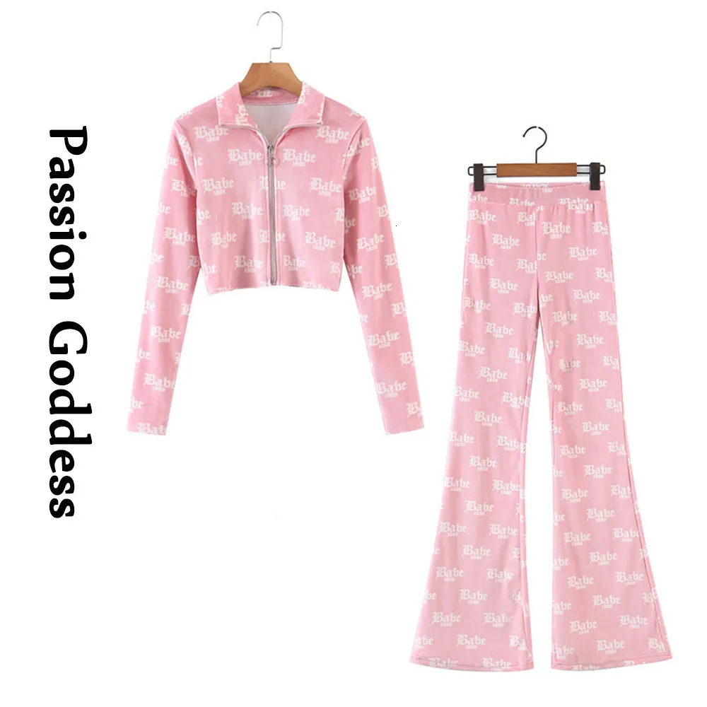 Womens Two Piece Pants Cute Women 2 Velvet Sets Loungewear Tracksuits Babe Letter Printed Zipper Jackets High Waist Flare Outfits 230817