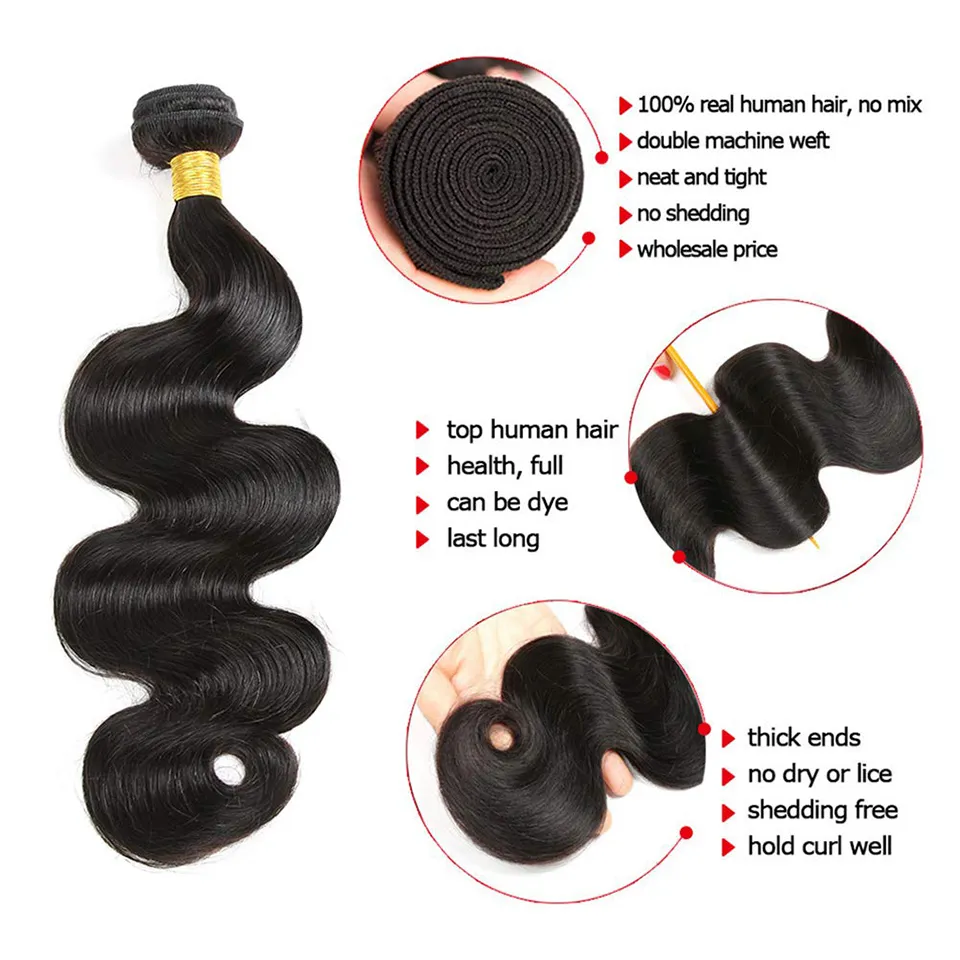 BODY WAVE BUNCHLES UMANI 3 pezzi Donne nero naturale Donne a buon mercato Extensioni di capelli umani da 8-30 pollici intrecciano fasci di Hiar umani