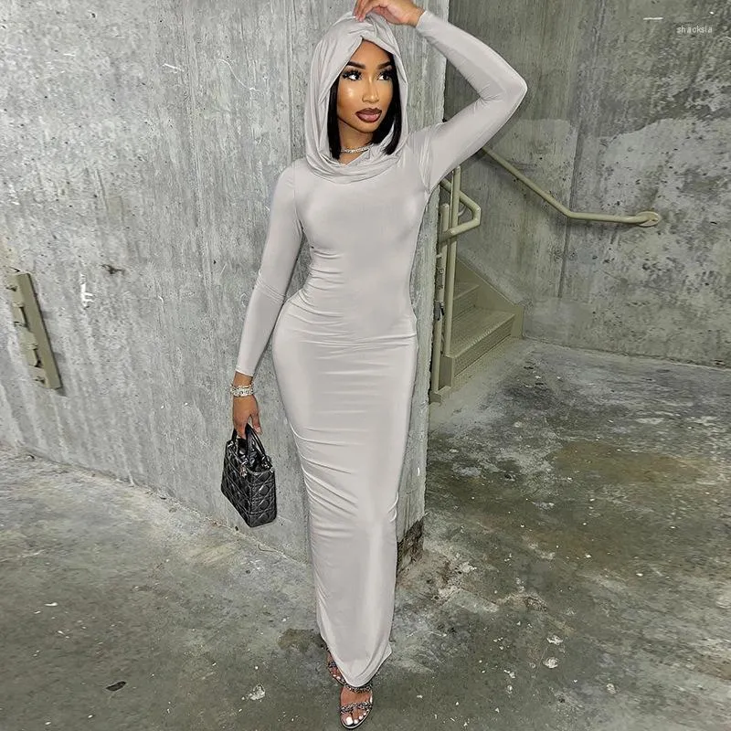 Robes décontractées Femmes Hottes à manches longues Robe ajustée élégante Sexy Slit Slit Bodycon Maxi Streetwear