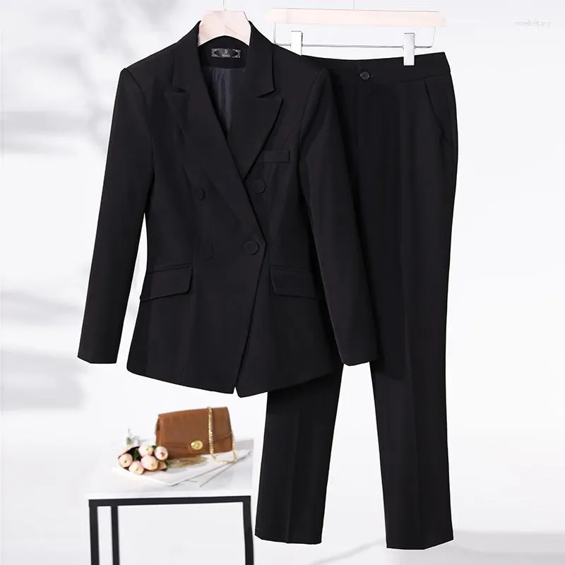 Dames tweedelige broek vrouwen Zwart Chic Pant Suit 2 Set vrouwelijke lange mouw slanke jas Potlood broek Business dubbele borsten formeel