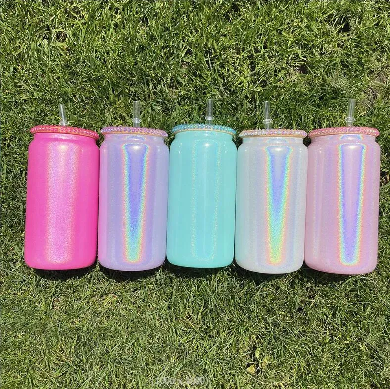 sublimation 16oz glitter glass tumbler with bling lids shimmer glass can diamond lid reusable straw beer Can Transparent Soda Can Cup drinking cups