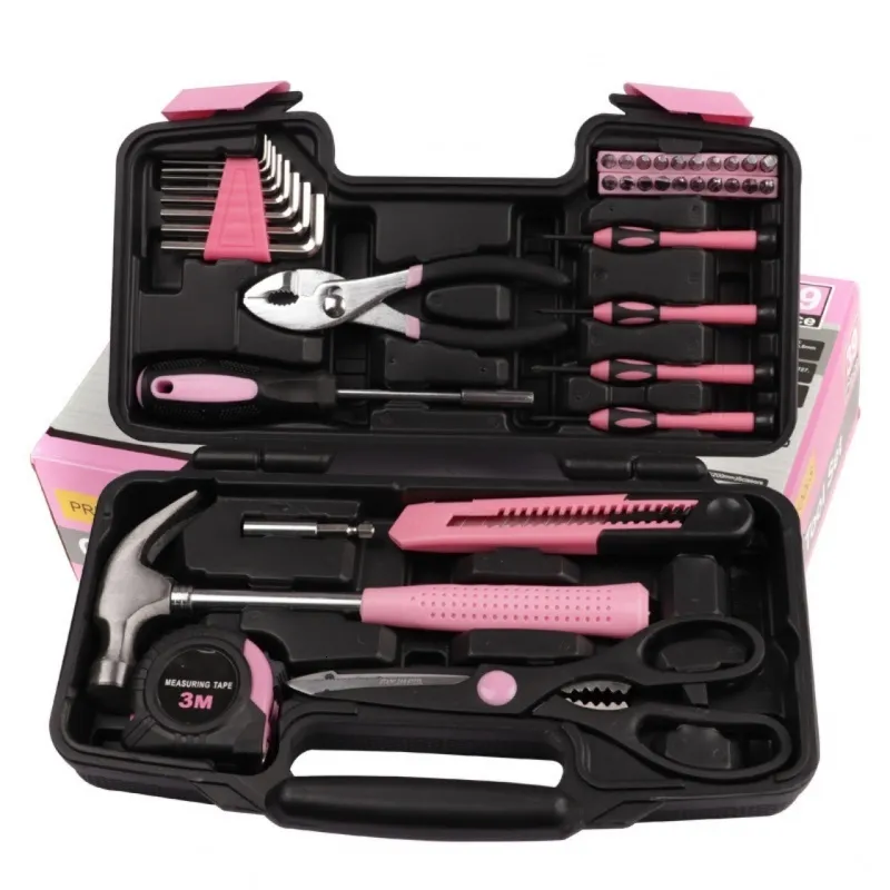 Decorative Objects Figurines 39 Piece Household Tool Set Family Manual Maintenance Toolbox Pink Suit 230816