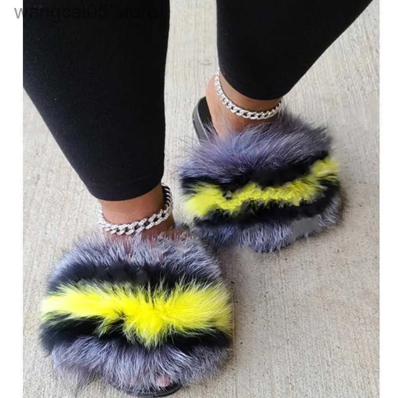 Ladies Slippers Designer Fox Fur Slides Furry Fox Fur Slides For