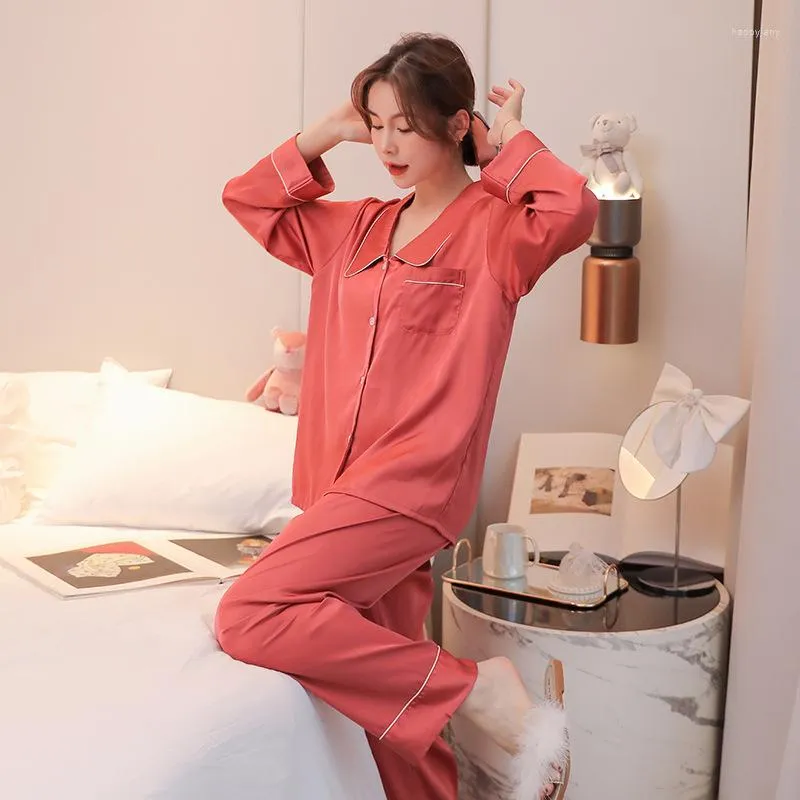 Women s Sleepwear Summer Sexy Pyjamas Suit 2PC Cardigan Long Sleeve Nightwear Full Ice Silk Pajamas Casual Loose Pijamas Homewear