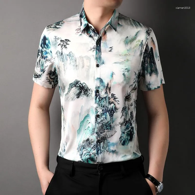 Casual shirts heren heren heren korte mouw zomerlandschap schilderij shirt jongens hoogwaardige button up faux zijde Chinese stijl plus maat 3xl