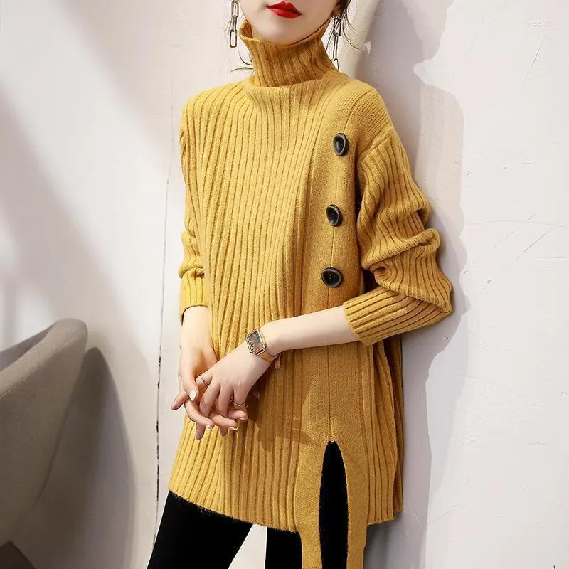 Frauenpullover Herbst Winter Turtleneck Pullover Frauen Korean Chic Button Solid Strick Jumper Mode Splitter Rippte Pullovers