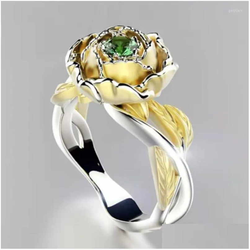 Rings 2023 Elegance Rose Flower Ring Green/White Colors Striertestones For Women Party Jewelry Gifts Drop levering Dhxlf