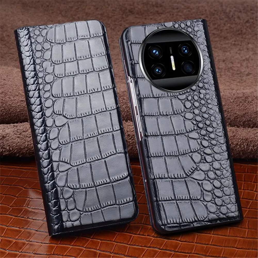 Étui de rabat de crocodile en cuir authentique pour Huawei Mate X3 Armure magnétique Couverture arrière