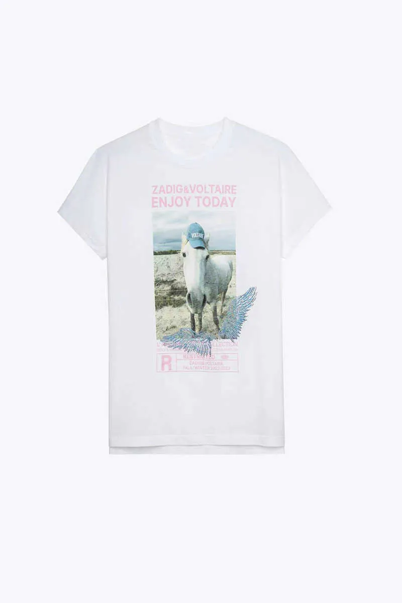 Zadig Voltaire 2023デザイナーTシャツZVホワイトインクデジタルプリントホットダイヤモンドヘムスプリットショートスリーブTシャツ女性