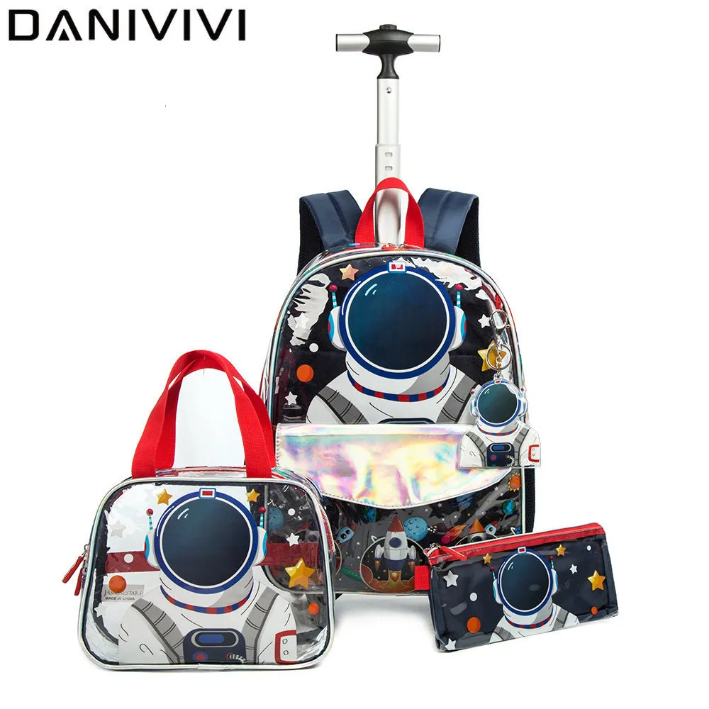 School Bags Space Astronaut 16Inch School Backpack with Wheels Transparent PVC School Bags for Kids Kawaii Backpack with Lunch Box 230816