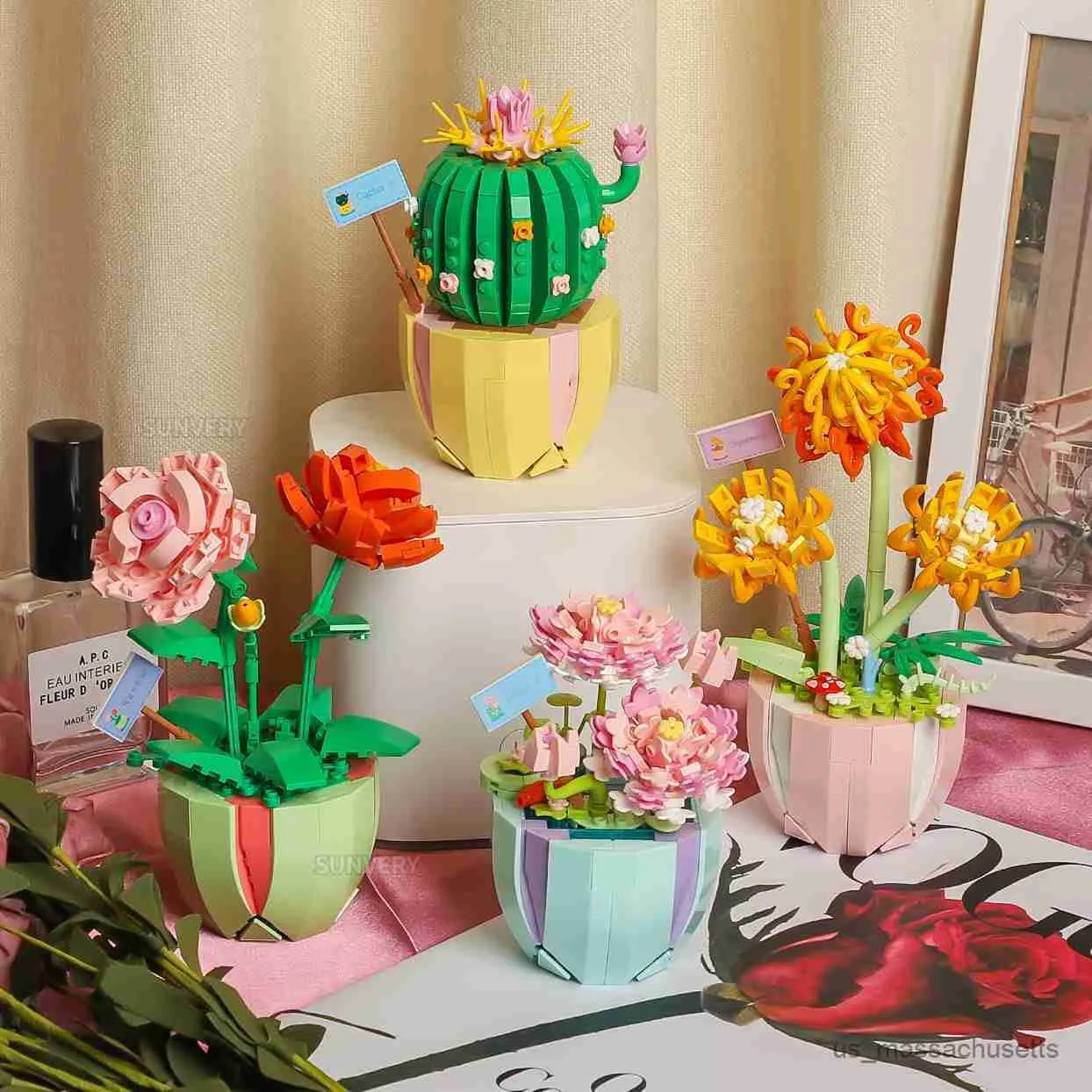 BLOCKS CREATIVE FLORAL KROMTED PLANT POMTHED FLOWER CACTUS LOTUS BONSAI Byggnadsblock Buketter Desk dekoration Leksaker för 6+ Girls Gift R230817