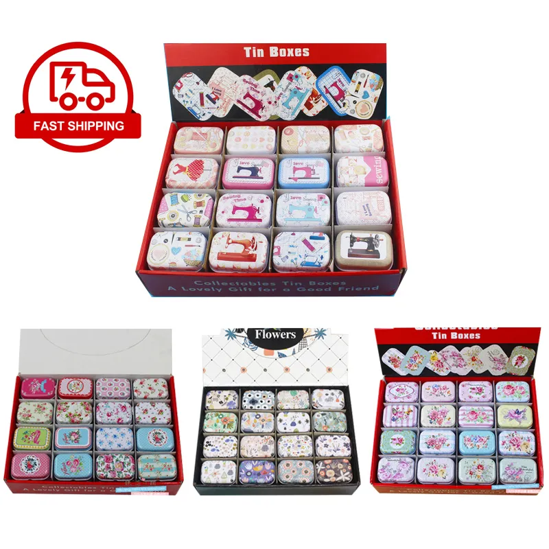 Förvaringslådor BINS 12 -PICESLOT PORTABLE MINI METAL TIN BOX Multipelmönster Printing MAC Makeup Jewelry Pill Storage Box med lock Presentförpackning Box 230816