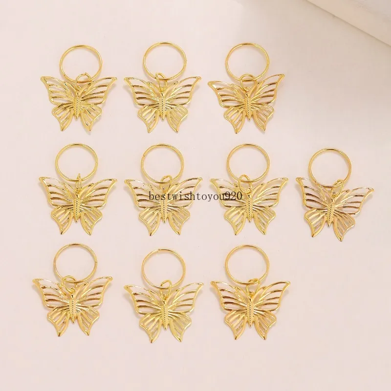 10st Gold Color Metal Butterfly Braid Dread Dreadlock Hair Rings for Women Hair Cuffs Headwear Hairclip Diy Jewelry Accessories