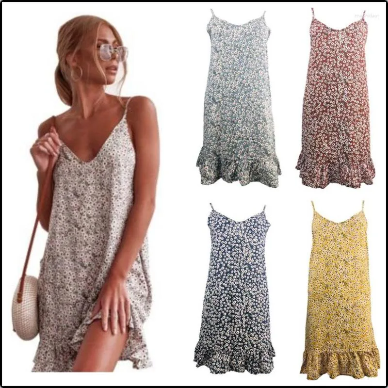 Abiti casual estate BOHO Floral Dress Women Women Wortless Spaghetti Strap Beach Sexy Bohémien Flower Short Party per xxxl 4xl