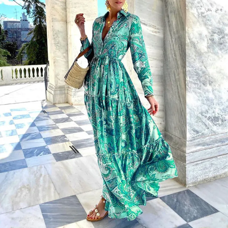 Summer Boho Maxi Dress Women's Floral Print Beach Dress, Casual Loose  Long Shirt Dress with Button Collar, Pleated Party Dress