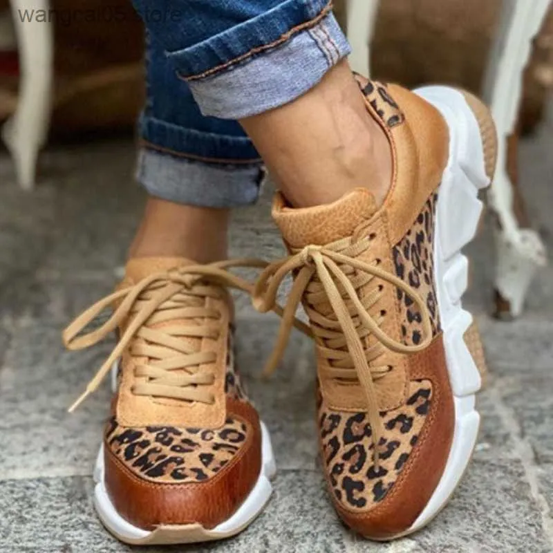 Dress Shoes Plus size 36-44 New Thick-soled Round Toe Low-top Leopard Print Women's Singles Cross-large Stitching Lace-up Sneakers T230818