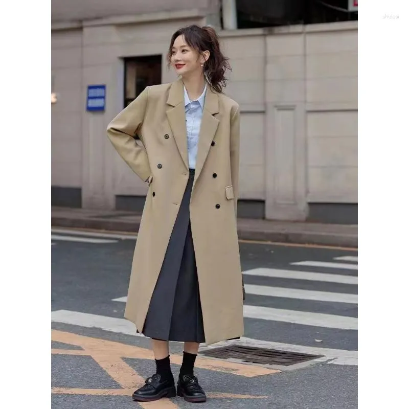 Trench-Coats féminins 2023 Earnom Automne Send Send Send Long Grey Suit Veste Tempérament de banlieue lâche Style Colle