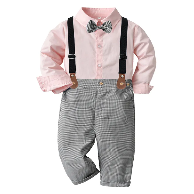 Zestawy odzieży Dzieci Solidne stroje dla chłopców Pink Lapel Single Beded Shirt z szarymi spodniami Dzieci Sprężyna jesień urodziny