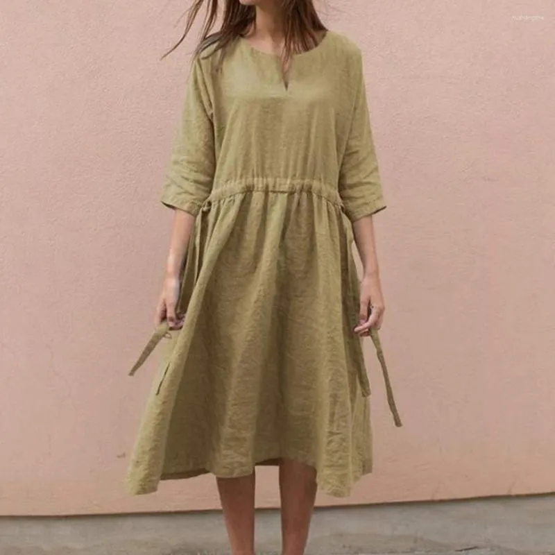 Casual Dresses Loose Midi Dress Women Autumn 2023 Cotton Linen V-Neck Vintage Drawstring Midja Halv ärm Lång Vestidos Robe