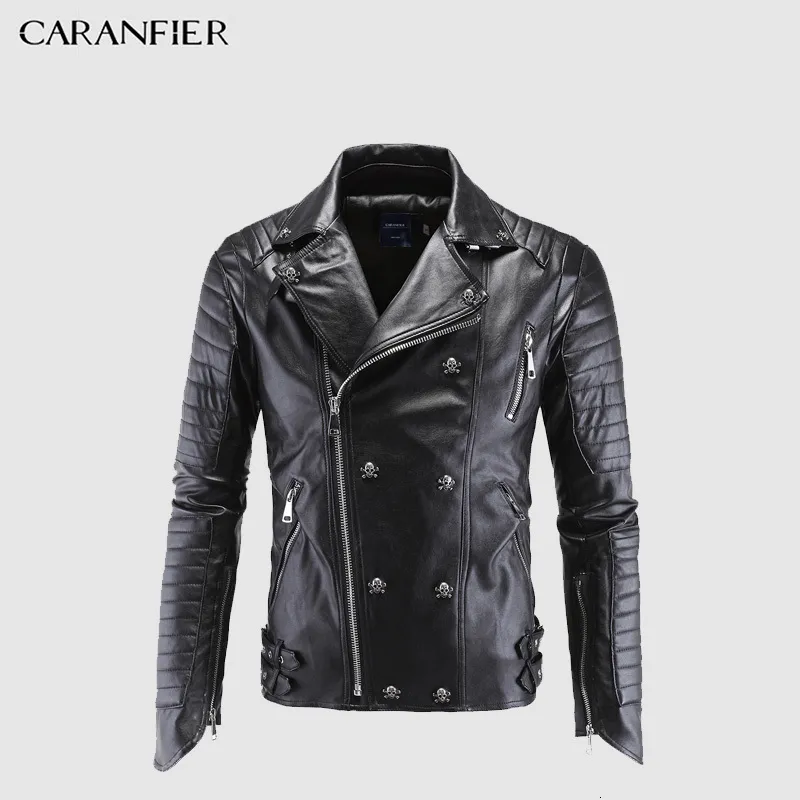 Men's Jackets CARANFIER Leather Jacket Men Designer Skull Rivet Studded Punk Rock Black Biker Leather Motorcycle Jackets Men Plus Size M-5XL 230816