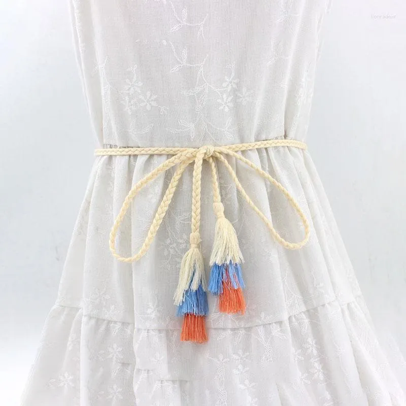 Ceintures femelles courts tissées minces tassel corde taille pour robes nœud nœud de coton décoré