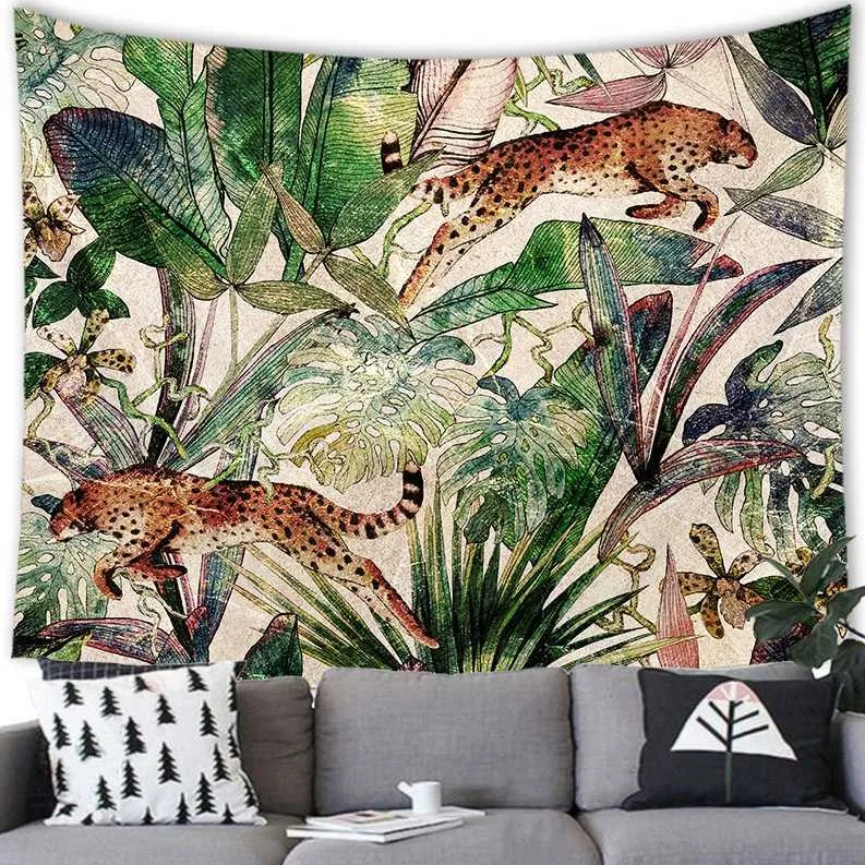 Tapestries Home Decor Floral Tropical Jungle Fauna and Plant Retro Style Tapestry Wall Hanging Room Poster Bakgrund Tyg 230x180cm