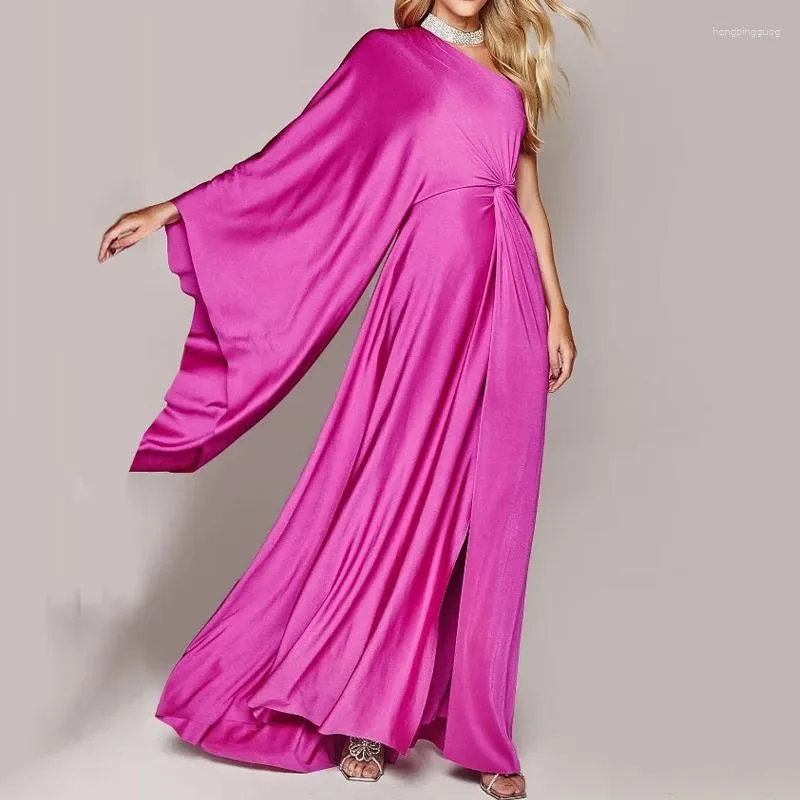 Robes décontractées ellafads femmes maxi robe élégante solide une épaule batwing à manches longues twist slit pincé