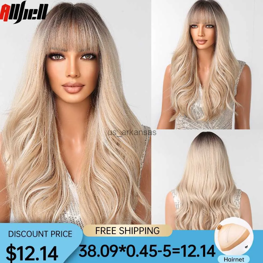 Perruques synthétiques Blonde ombre Long Wig synthétique pour les femmes Platinum mettent en évidence le corps Wigs ondulé avec une frange cosplay quotidienne de cheveux naturels résistants à la chaleur HKD230818
