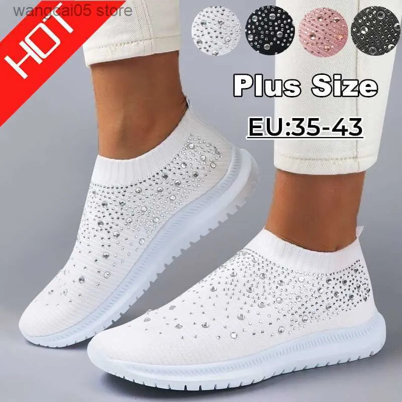 Dress Shoes Vulcanized Shoes Sneakers Women Trainers Knitted Sneakers Ladies Slip-on Sock Shoes Sparkly Crystal Zapatillas Mujer Casual T230818