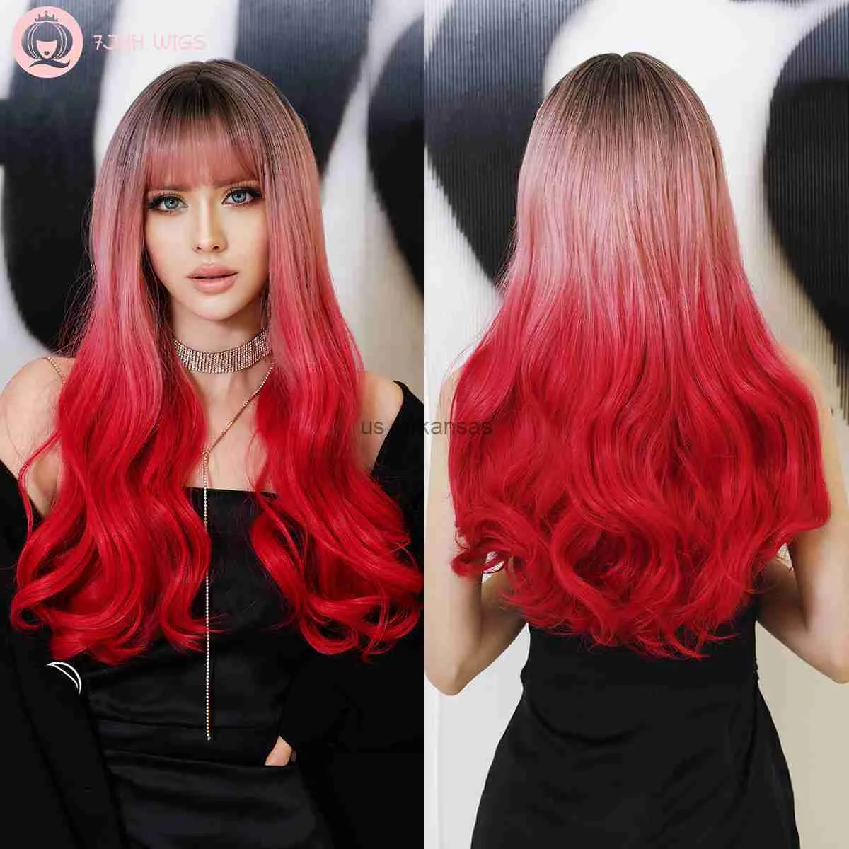 Synthetic Wigs 7JHH WIGS Long Wavy Curly Hair Wigs for Women Daily Party Ombre Wine Red Synthetic Wig with Bangs Heat Resistant Fiber 25 Inch HKD230818