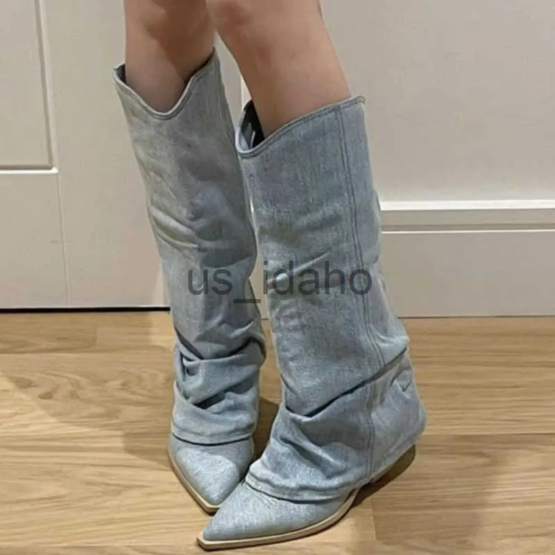 Laarzen puntig teen hoge hiel broek buis laarzen nieuwe vrouwelijke westerse cowboy ridder laarzen denim splicing street style naaien mode schoenen j230818