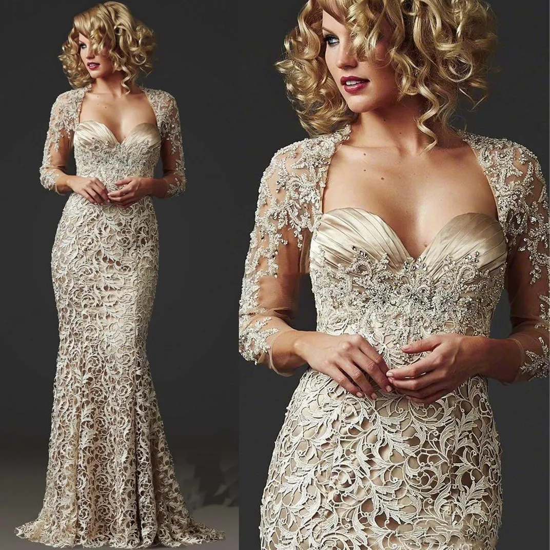 Champagne Lace Vestidos para la madre de la novia Chaqueta de manga larga con cuentas 2024 Tallas grandes por encargo Sirena Escote corazón Vestidos de fiesta de noche