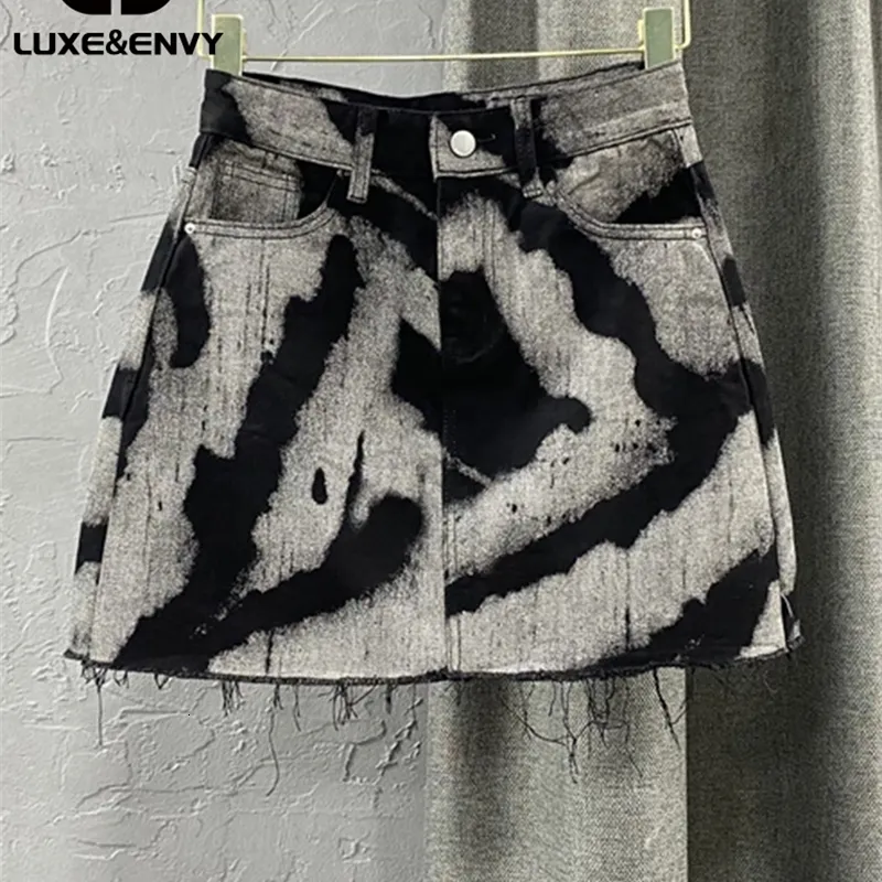 Röcke Luxe Streetwear Kontrast Print Burrs Denim Womens High Taille Lose Trend Aline Spring 11xx1648 230817