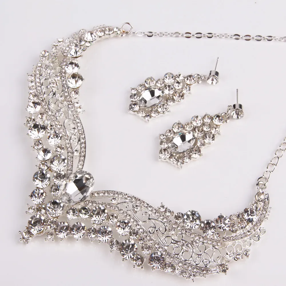  Bridal Wedding Jewelry Sets Silver Color Rhinestone Women Earrings Necklace Sets Engagement Jewelry for Bride