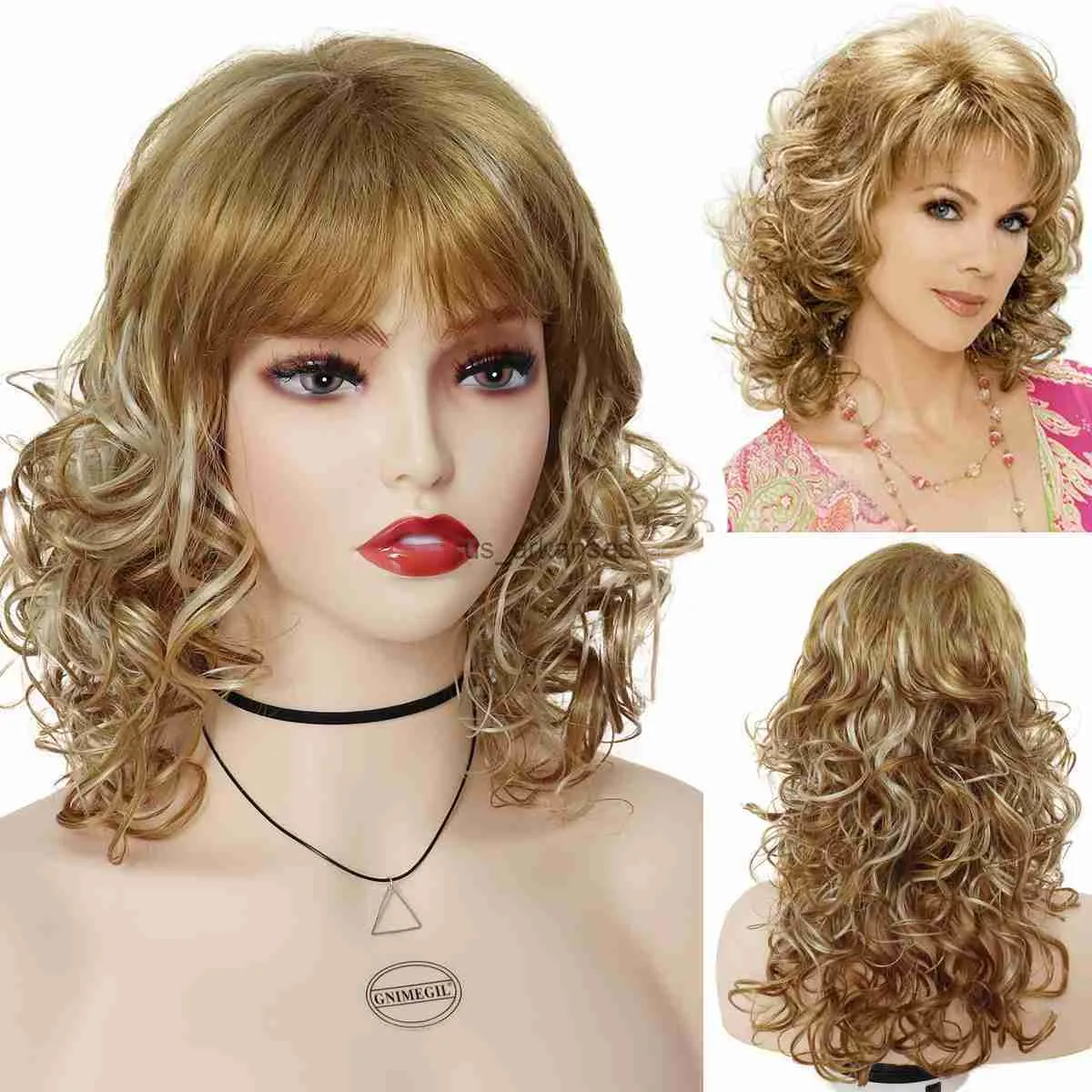 Syntetyczne peruki gnimegil syntetyczne peruki dla kobiet Blondynka długie kręcone włosy z grzywką mieszaj brudny blond peruka mamusia cosplay dolly parton peruka hkd230818