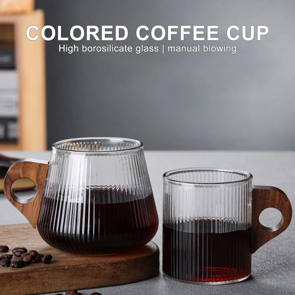 Mokken Glass Coffee Mug Japanesestyle Cup met houten handvat verticale strepen thee melk thuiskantoor drinkwarebiergeschenk 230817