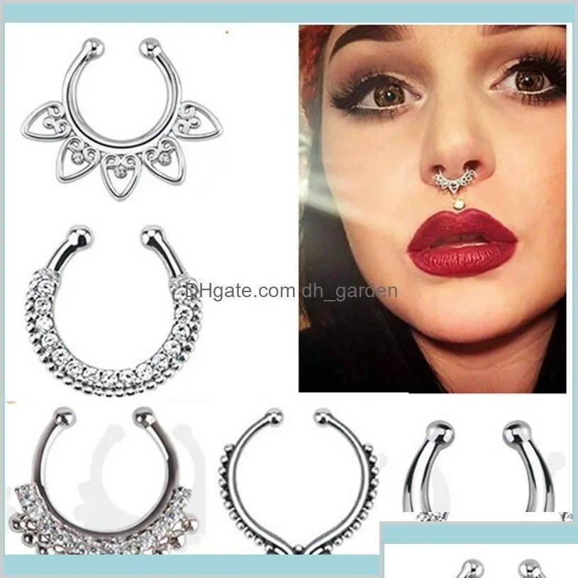 Burun Halkaları Saplamalar Moda Sahte Septum Tıbbi Titanyum Yüzük Piercing Sier Crystal Hint Vücut Klipsleri Kadınlar İçin Kızlar Takı Hediyesi DH90N