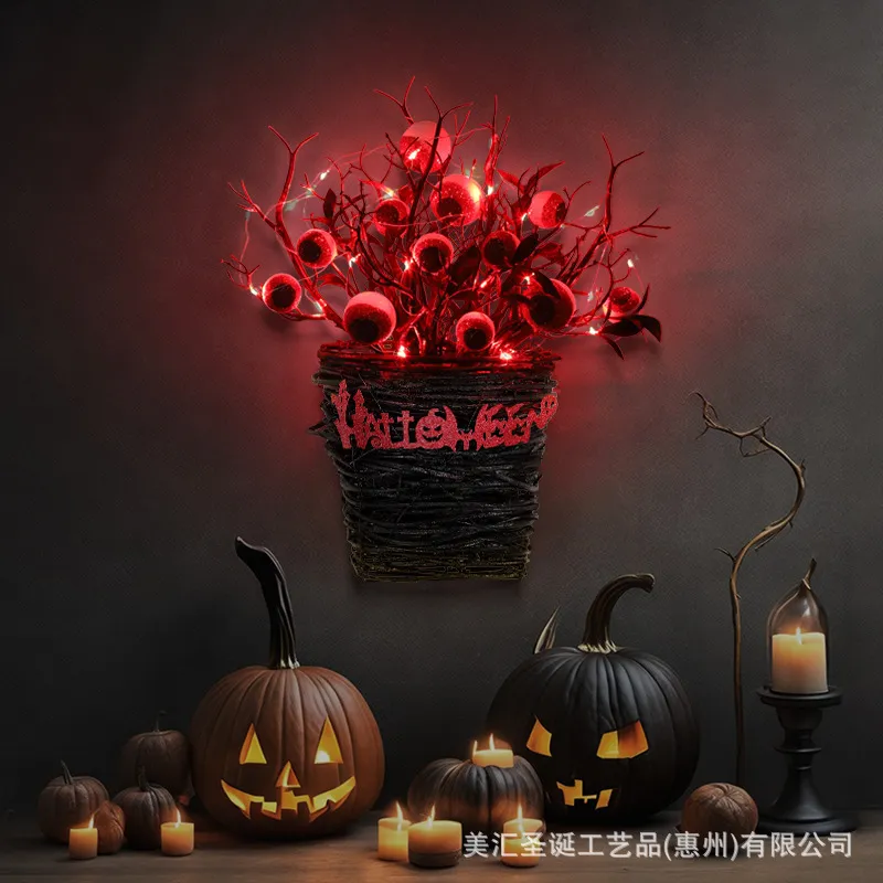 Otros suministros para la fiesta de eventos Coronas de globo ocular de la corona de Halloween con canasta de rama de luz LED roja para puertas Decoración de guirnaldas de flores de ventana P230817