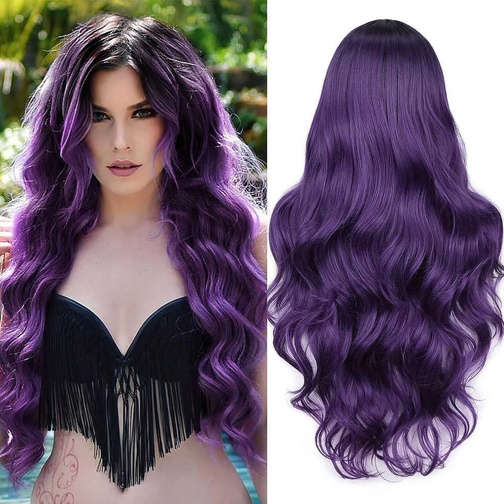 Perücke Purple Gradient Langes lockiges Haar Großwelle Synthetische Perücke Frauen tägliche Party -Rolle spielen Kopfbedeckung 230818