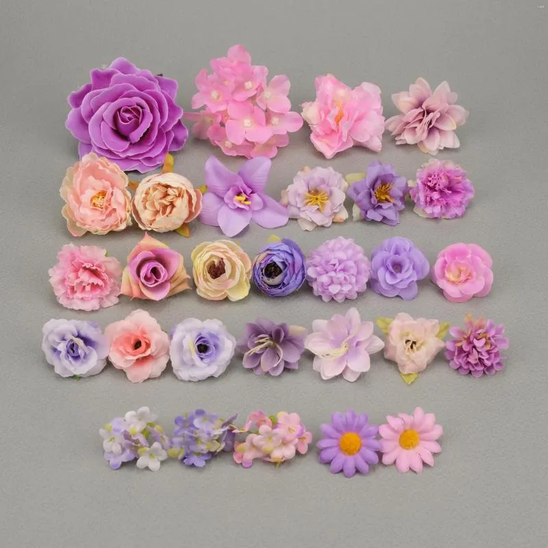 Fleurs décoratives 29pcs Purple Rose Artificiel Silk Flower Heads Forme combo Boulk for Diy Floral Wall Shooting Access