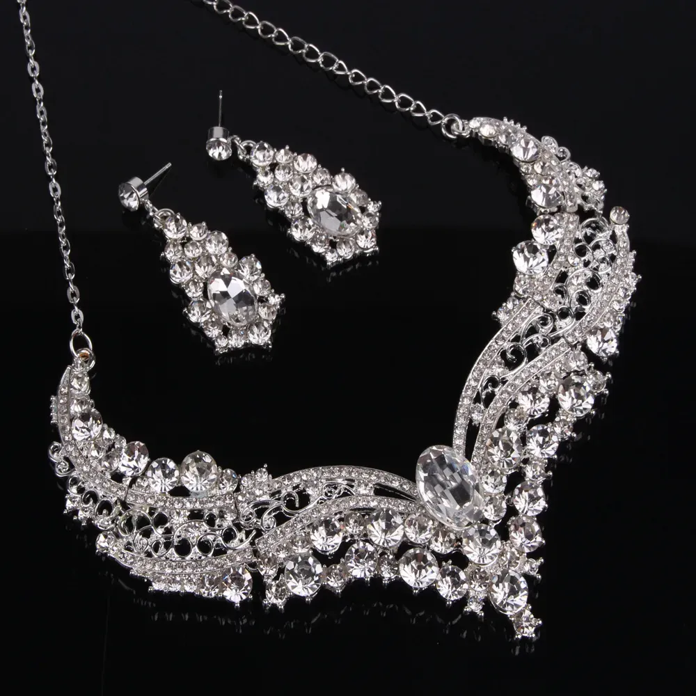  Bridal Wedding Jewelry Sets Silver Color Rhinestone Women Earrings Necklace Sets Engagement Jewelry for Bride