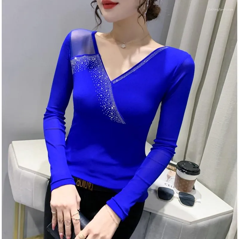 Kvinnors T-skjortor Autumn Black Blue Tight Shirt Women Diamonds Spliced ​​Mesh Basic Tees Female V-Neck Korean Style Casual Top