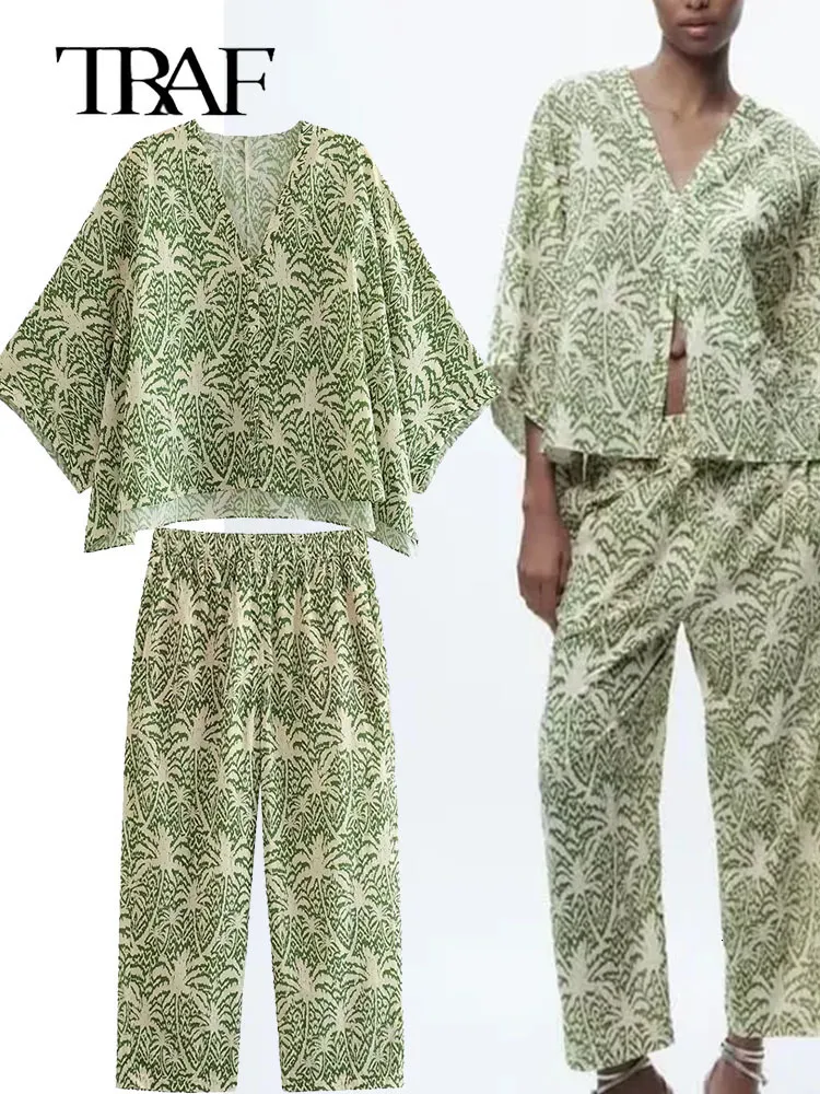 Женские брюки с двумя частями летние причальные блузенные блузки наборы модные ванные рукава с одноразовым туаластическим талией длинные 230818