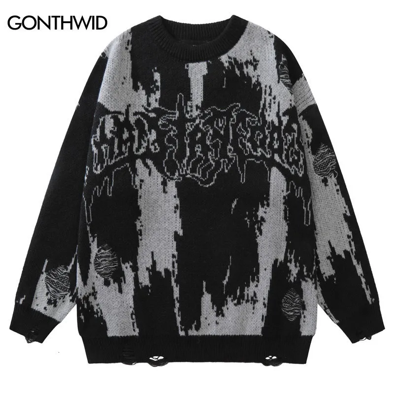 Men's Sweaters Hip Hop Ripped Grunge Y2K Vintage Knitted Punk Gothic Streetwear Jumpers Men Women Harajuku Fashion Pullover 230817