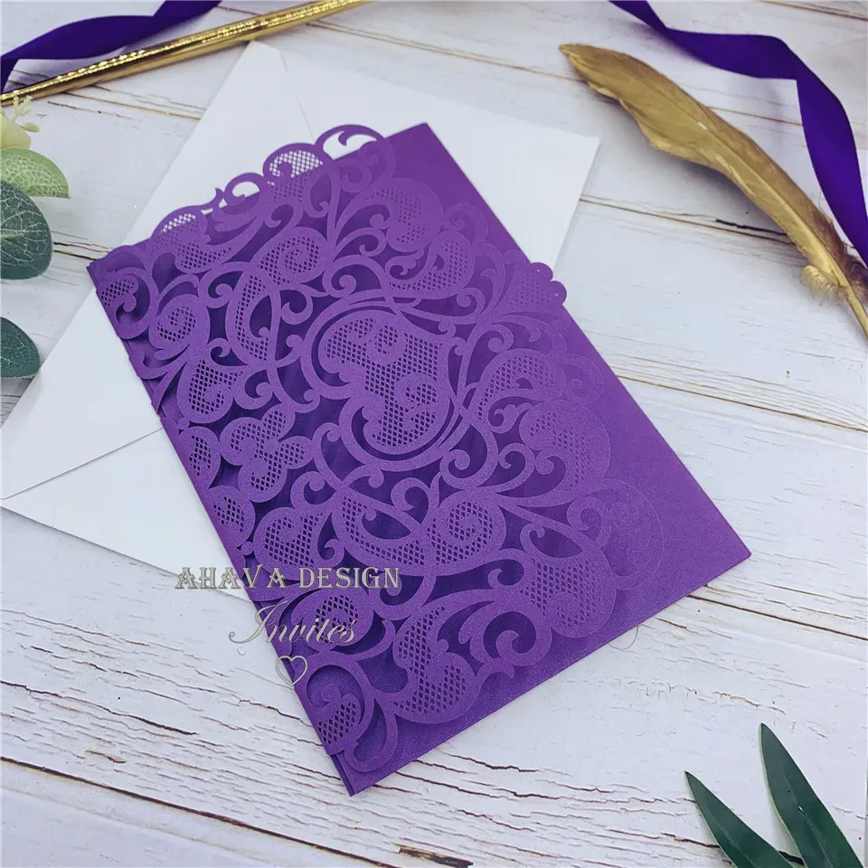 Shimmery Purple Laser Cut Pocket Wedding Invitation Suites, Customizable Invites With Respond Card And Envelope, 